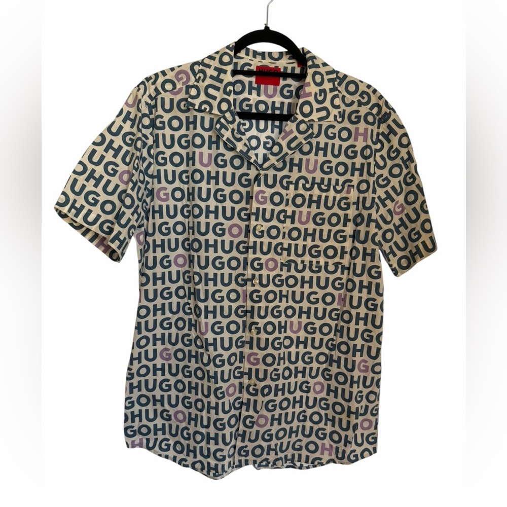 Hugo Boss Button Up Short-Sleeve Logo Print Shirt 100% Cotton Preppy XL Summer